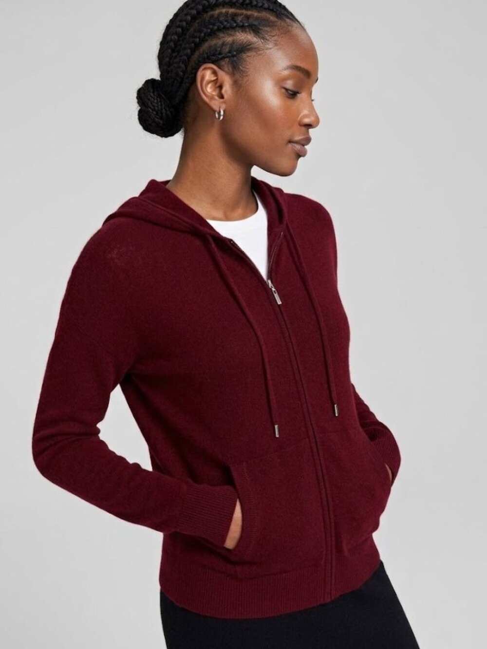NWT Charter Club Cashmere Full-Zip Hoodie in Crantini Burgundy Sweater XL